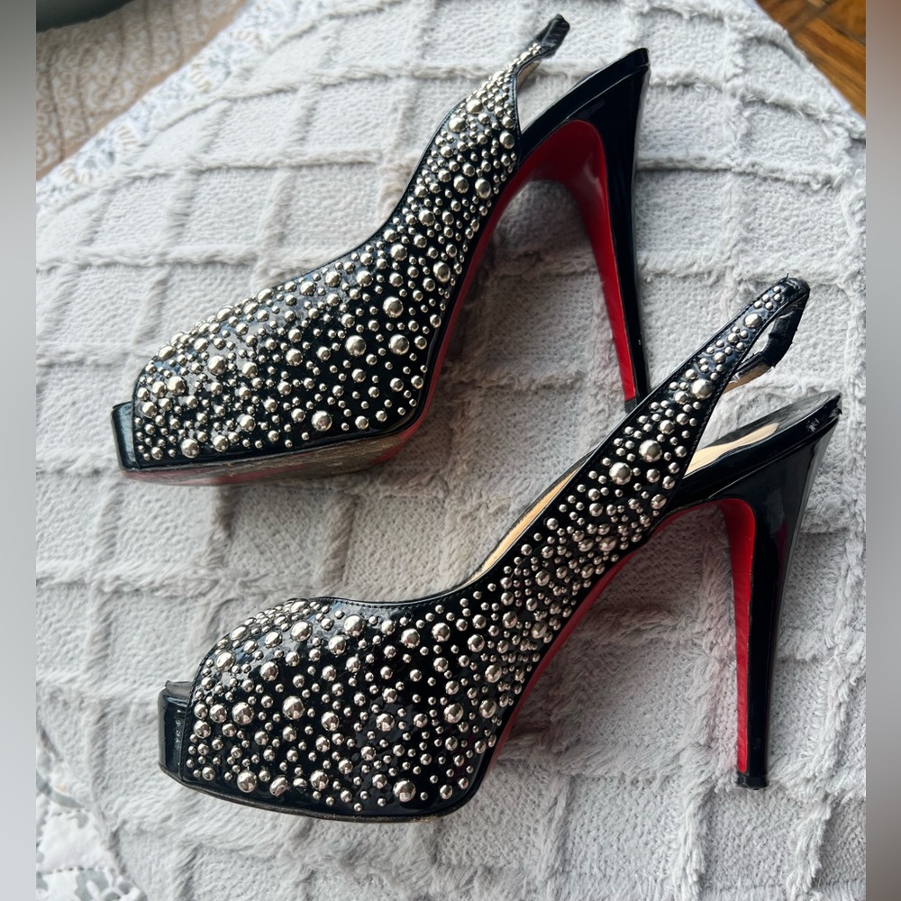 Christian Louboutin Black Studded Star Prive Peep Toe Slingback Heels